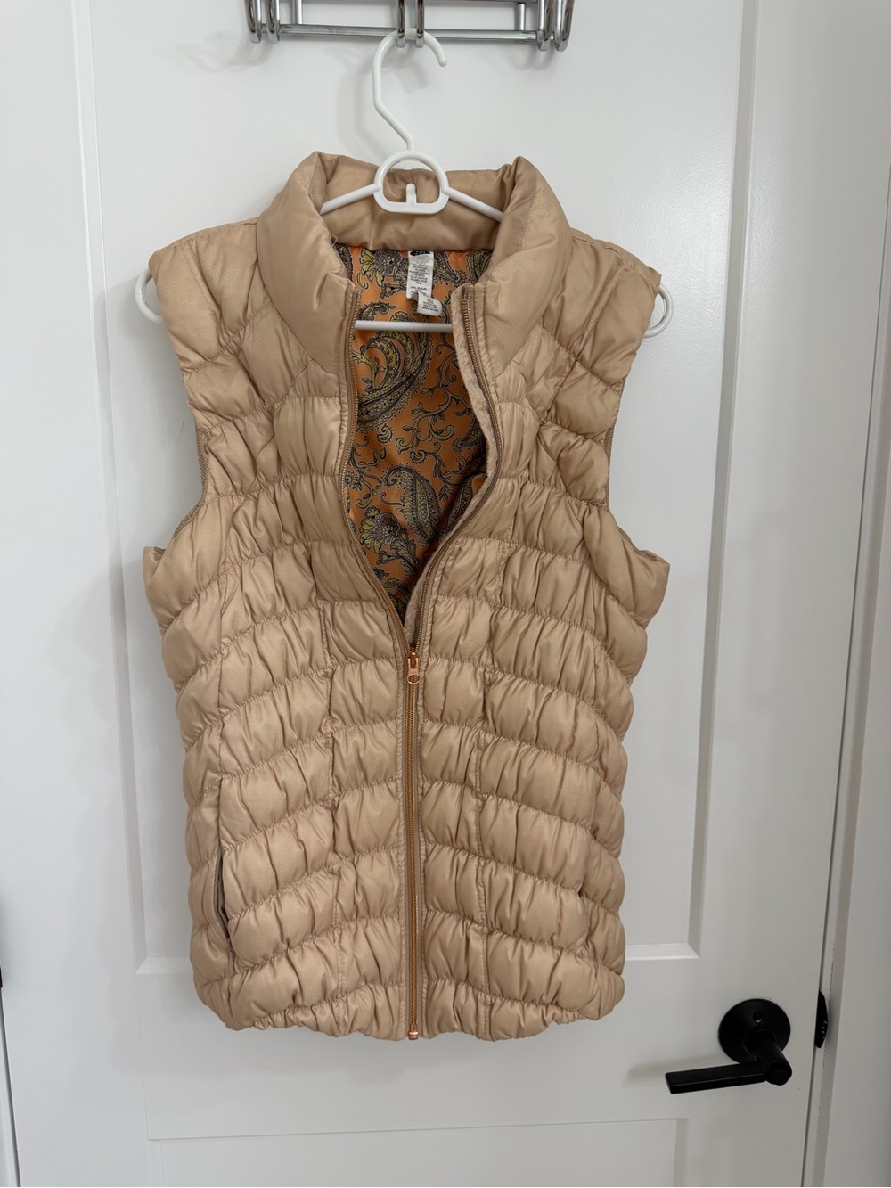 Anthropologie Quilted Puffer Vest in Light Tan with Paisley Lining